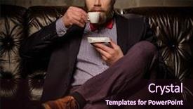  Presentation with old fashioned - PPT theme with old-fashioned bearded man sitting in comfortable leather sofa with cup of coffee isolated on gray background and a wine colored foreground
