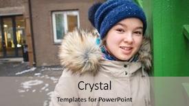  Presentation with teenage girl - Presentation design featuring old fashioned school house - happy teenage girl in winter background and a light gray colored foreground