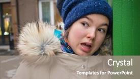  Presentation with teenage girl - Presentation design with old fashioned school house - happy teenage girl in winter background and a gray colored foreground
