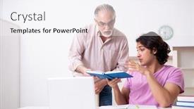  Presentation with exam - Presentation consisting of old father helping his son in exam preparation background and a white colored foreground