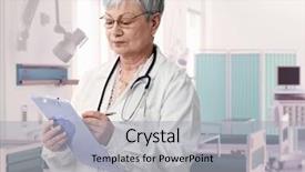  Presentation with writing notes - Audience pleasing PPT theme consisting of old female doctor writing notes backdrop and a light gray colored foreground