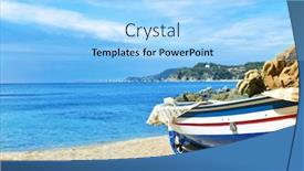  Presentation with old fishing boat - Theme with old fishing boat stranded in the quiet beach platja de sa caleta in lloret de mar in the costa brava spain background and a light blue colored foreground