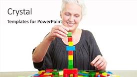  Presentation with building blocks - Presentation with old games - happy senior woman with many background and a white colored foreground