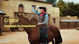  Presentation with horse riding - Audience pleasing PPT layouts consisting of old gun western - cowboy riding a horse backdrop and a tawny brown colored foreground