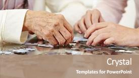  Presentation with solving - Audience pleasing PPT theme consisting of old hands solving jigsaw puzzle backdrop and a coral colored foreground