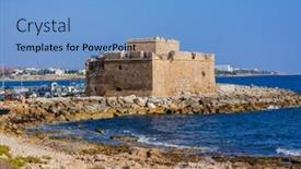  Presentation with historical architecture - Beautiful PPT theme featuring old-historical-castle-in-paphos backdrop and a light blue colored foreground