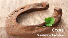  Presentation with old butcher shop - Audience pleasing PPT theme consisting of old horse shoe with clover backdrop and a tawny brown colored foreground