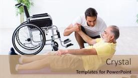  Presentation with exercises - Beautiful PPT theme featuring old injured man doing exercises indoors backdrop and a coral colored foreground