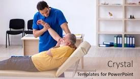  Presentation with chiropractor - Presentation design featuring old-injured-man-visiting-young background and a coral colored foreground