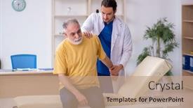  Presentation with chiropractor - Cool new PPT theme with old-injured-man-visiting-young backdrop and a coral colored foreground
