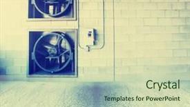  Presentation with vintage interior brick wall - Beautiful presentation featuring old interior with brick wall with fans toned with a retro vintage instagram filter backdrop and a soft green colored foreground