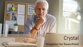  Presentation with office ergonomics man worker exercising - Presentation theme having old internet - mature man working in office background and a coral colored foreground