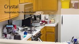  Presentation with messy - Colorful slide set enhanced with old kitchen with oak cabinet backdrop and a gold colored foreground
