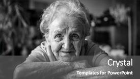  Presentation with white and black woman climbing ladders - PPT layouts featuring old lady - black-and-white closeup portrait background and a gray colored foreground