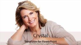  Presentation with advisor to senior clients - Presentation theme having old lady - happy senior woman isolated background and a coral colored foreground