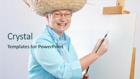 Presentation with painting old - Beautiful PPT theme featuring old lady painting on canvas backdrop and a  colored foreground