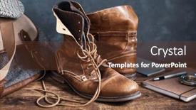  Presentation with leather shoes - Theme consisting of old-leather-travel-vintage-boots background and a tawny brown colored foreground
