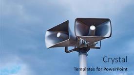  Presentation with station - Presentation design having loudspeakers at a railway station background and a teal colored foreground