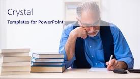  Presentation with books - Colorful slide set enhanced with old-male-author-writing-books backdrop and a sky blue colored foreground