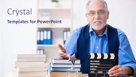  Presentation with writing - PPT theme with old-male-author-writing-screenplay background and a sky blue colored foreground