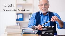  Presentation with writing - Amazing PPT theme having old-male-author-writing-screenplay backdrop and a lemonade colored foreground