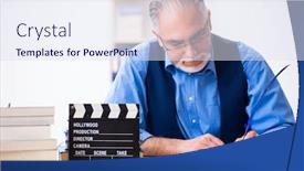  Presentation with writing - Slides having old-male-author-writing-screenplay background and a sky blue colored foreground