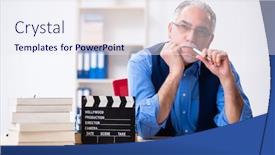  Presentation with writing - Cool new slide deck with old-male-author-writing-screenplay backdrop and a sky blue colored foreground