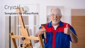  Presentation with carpenter - PPT theme with old-male-carpenter-repairing-drawing background and a  colored foreground