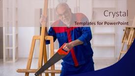  Presentation with carpenter - PPT theme having old-male-carpenter-sawing-drawing background and a soft green colored foreground