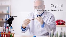  Presentation with drugs - Slide set featuring old-male-chemist-in-drugs background and a sky blue colored foreground