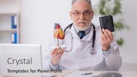  Presentation with cardiologist - Slide set with old-male-doctor-cardiologist-working background and a  colored foreground