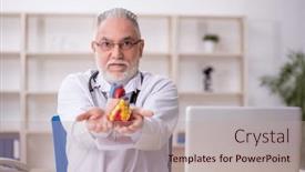  Presentation with cardiologist - Presentation design having old-male-doctor-cardiologist-working background and a coral colored foreground