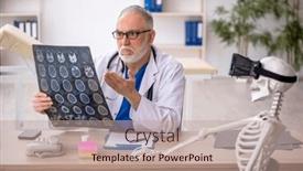  Presentation with skeleton - PPT theme having old-male-doctor-examining-skeleton background and a coral colored foreground