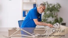  Presentation with skeleton - Presentation design with old-male-doctor-examining-skeleton background and a coral colored foreground