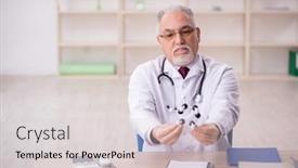  Presentation with molecular - Slide set featuring old-male-doctor-holding-molecular background and a light gray colored foreground