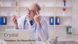  Presentation with molecular - Presentation theme having old-male-doctor-holding-molecular background and a light gray colored foreground