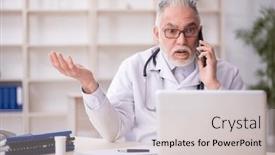  Presentation with telemedicine - PPT theme having old-male-doctor-in-telemedicine background and a light gray colored foreground