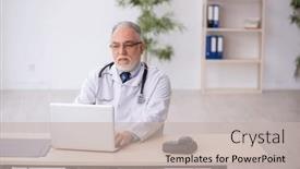  Presentation with telemedicine - Slide set enhanced with old-male-doctor-in-telemedicine background and a soft green colored foreground