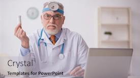  Presentation with working - Slide deck having old-male-doctor-otologist-working background and a  colored foreground