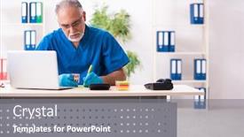  Presentation with male pharmacist - Theme with old-male-doctor-pharmacist-working background and a gray colored foreground