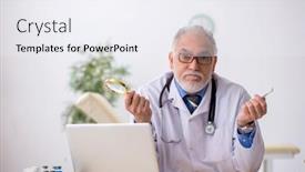  Presentation with male pharmacist - Presentation theme featuring old-male-doctor-pharmacist-working background and a sky blue colored foreground