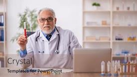  Presentation with male pharmacist - PPT theme with old-male-doctor-pharmacist and a coral colored foreground