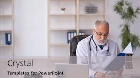  Presentation with radiologist - Presentation design having old-male-doctor-radiologist-working background and a light gray colored foreground