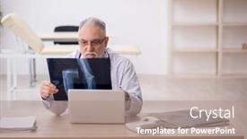  Presentation with radiologist - Presentation design consisting of old-male-doctor-radiologist-working background and a coral colored foreground