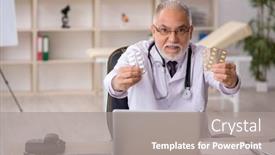  Presentation with pills - Presentation theme consisting of old-male-doctor-suggesting-pills background and a  colored foreground