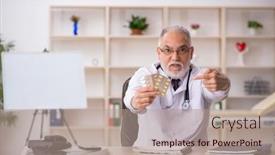  Presentation with pills - Presentation with old-male-doctor-suggesting-pills background and a  colored foreground