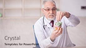  Presentation with pills - Presentation design with old-male-doctor-suggesting-pills background and a  colored foreground