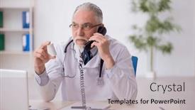  Presentation with pills - PPT theme enhanced with old-male-doctor-suggesting-pills background and a  colored foreground