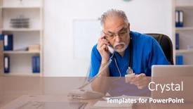  Presentation with clinic - Slide set enhanced with old-male-doctor-working background and a  colored foreground