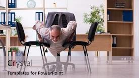  Presentation with physical exercises - Presentation theme with old-male-employee-doing-physical background and a light gray colored foreground